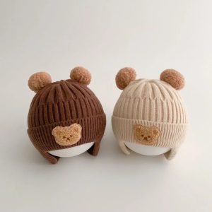 1pc Double Ball Bear Knitted Beanie Hat For Children