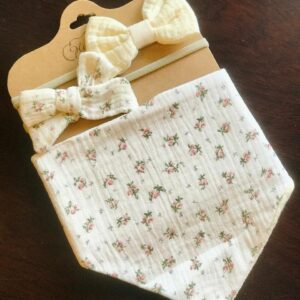 White Muslin Cotton Baby Bibs and Bow Headbands 3pcs Set