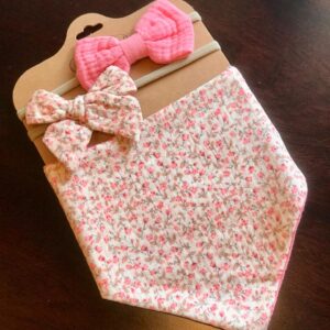 Pink Muslin Cotton Baby Bibs and Bow Headbands 3pcs Set